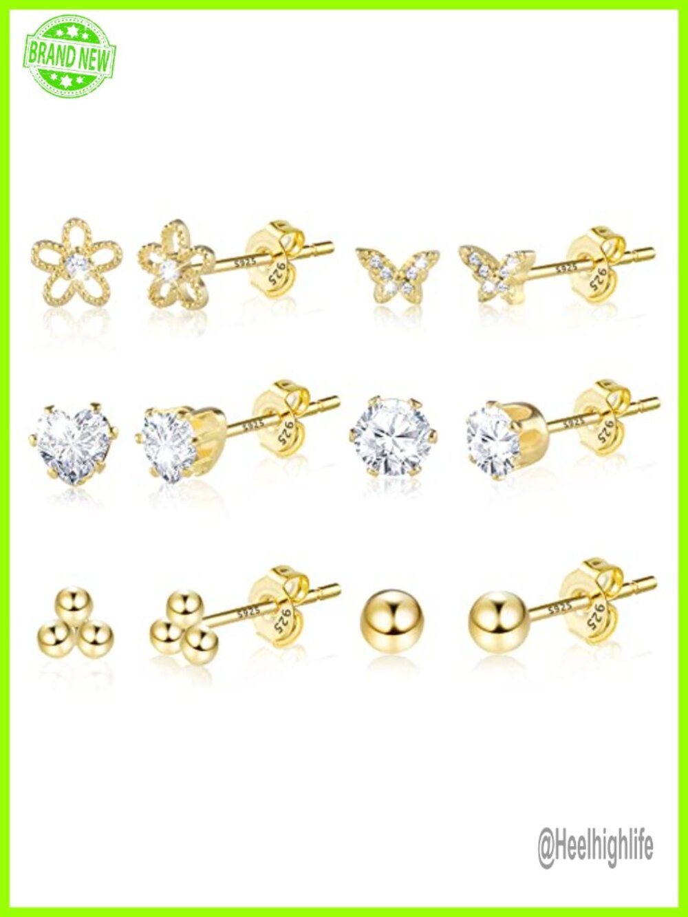 Gold Plated Stud Earrings Set Hypoallergenic Sterling Silver 6 Pairs